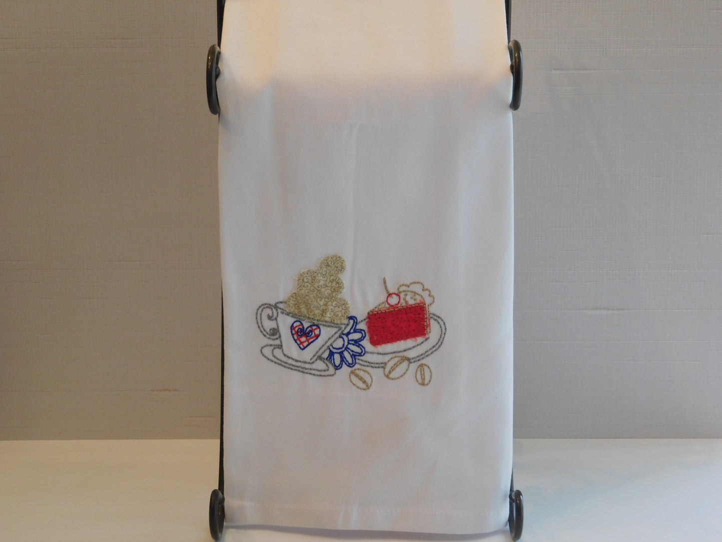 Embroidered Applique Kitchen Towel with Coffee and Slice of Pie