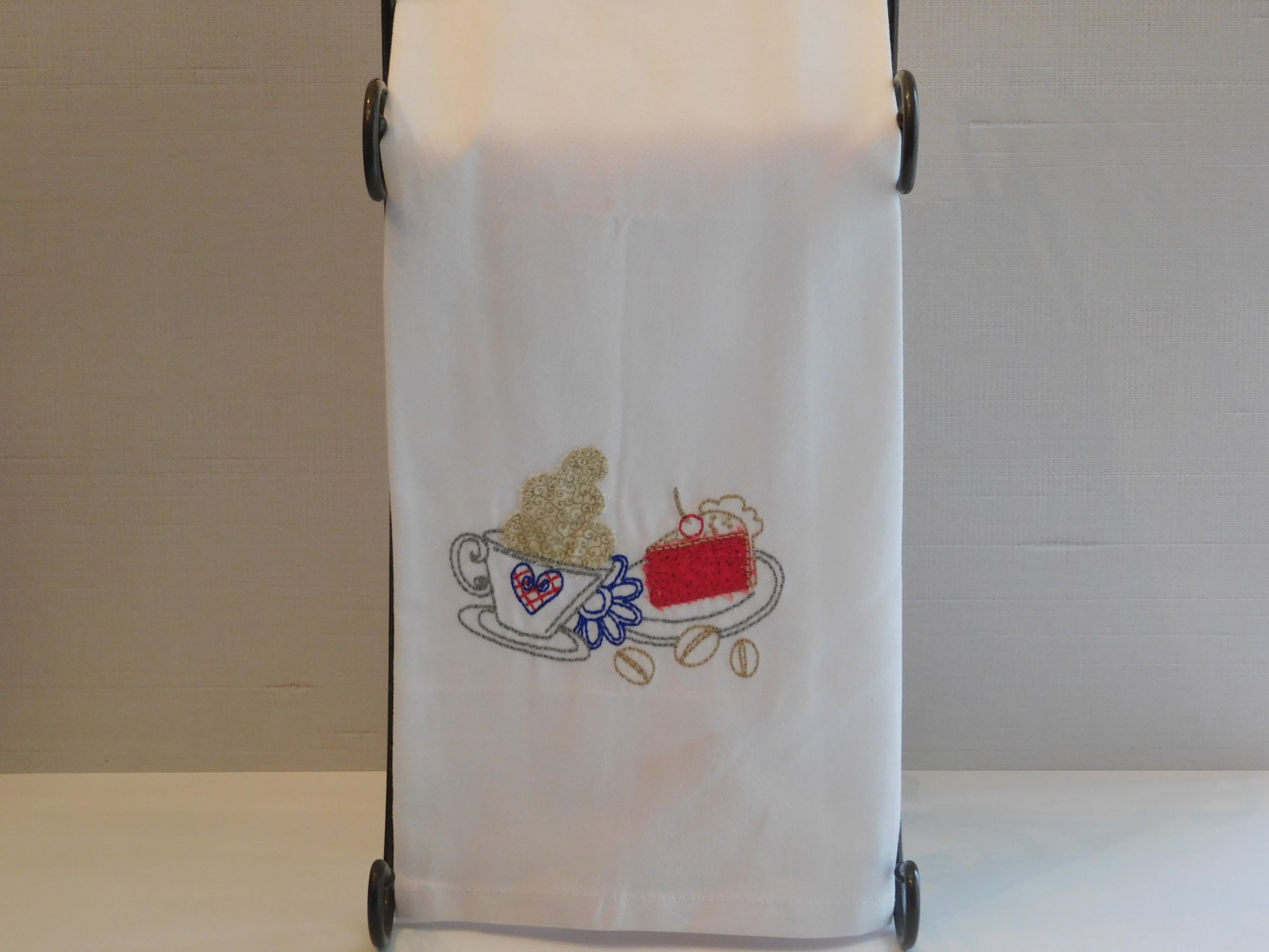 Embroidered Applique Kitchen Towel with Coffee and Slice of Pie