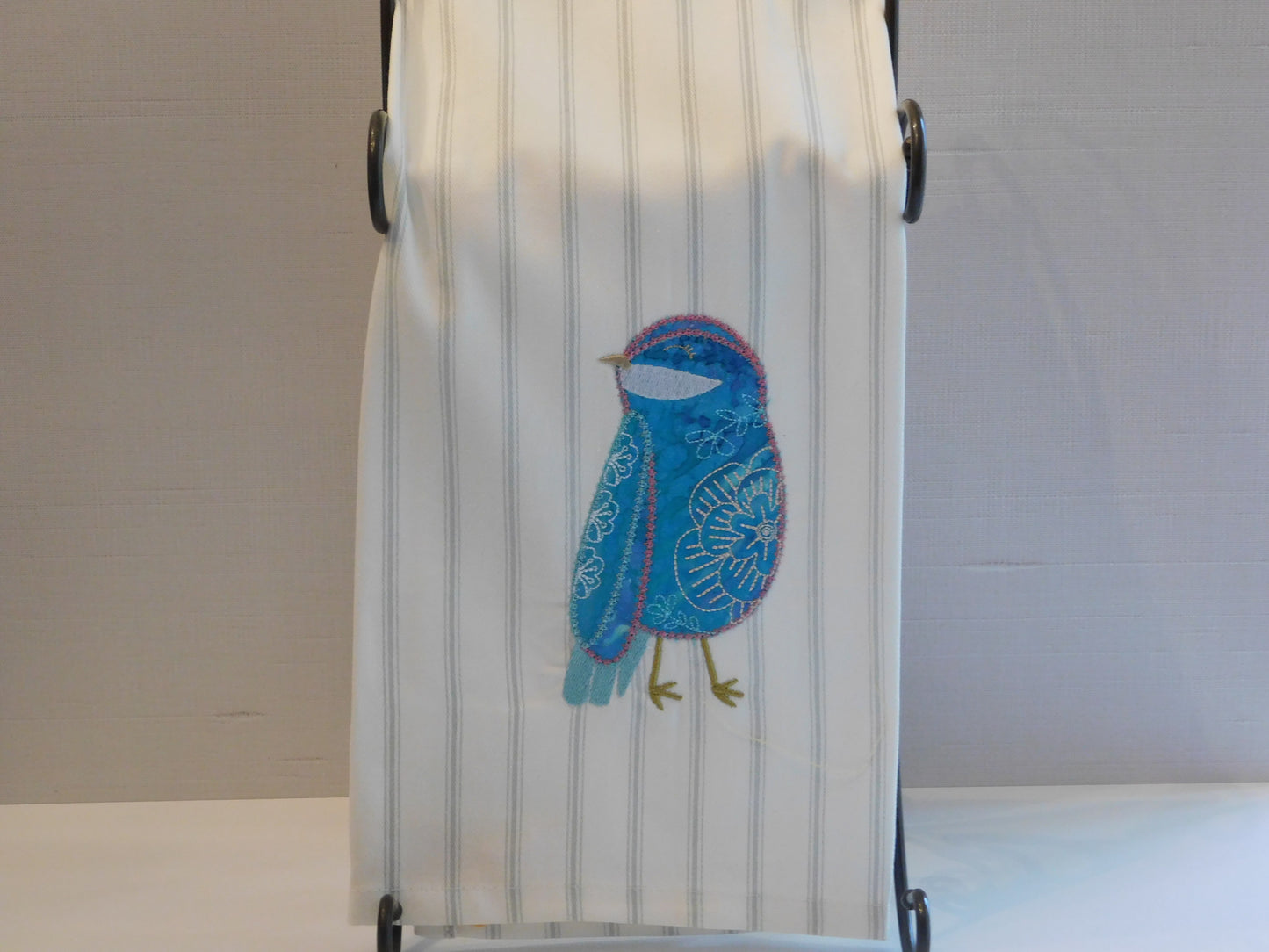 Embroidered Applique Kitchen Towel Blue Bird