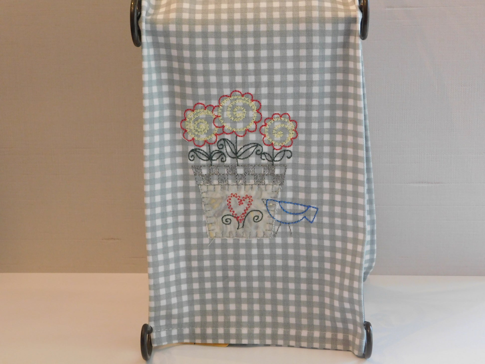 Embroidered Applique Kitchen Towel with Pot of 3- Flowers and Blue Bird