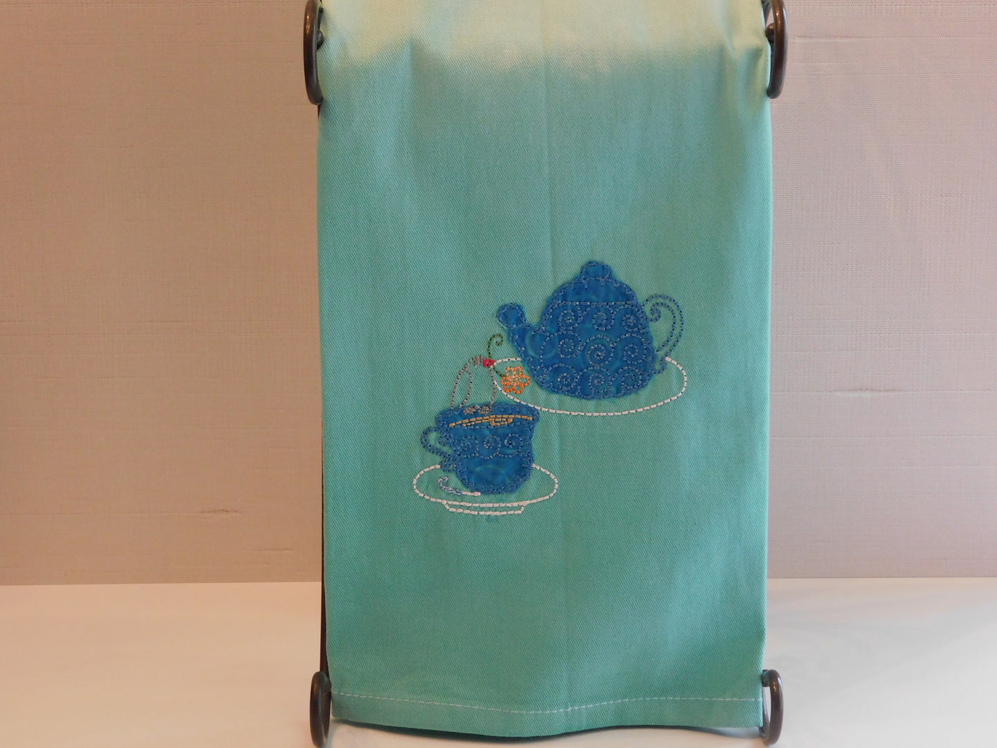 Embroidered Applique Kitchen Towel Cup of Tea and Tea Pot