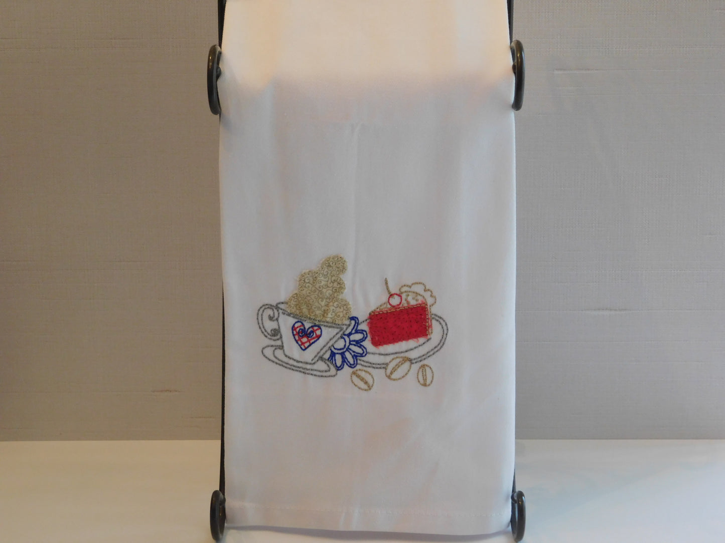 Embroidered Applique Kitchen Towel with Coffee and Slice of Pie 