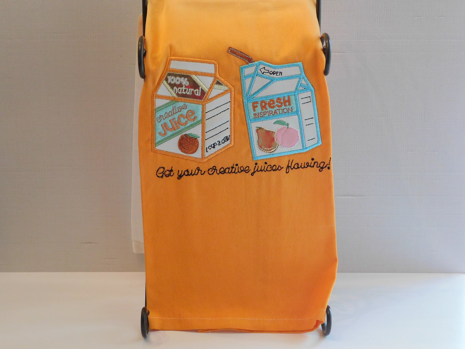 Embroidered Applique Kitchen Towel with 2-cartons of Juice with details