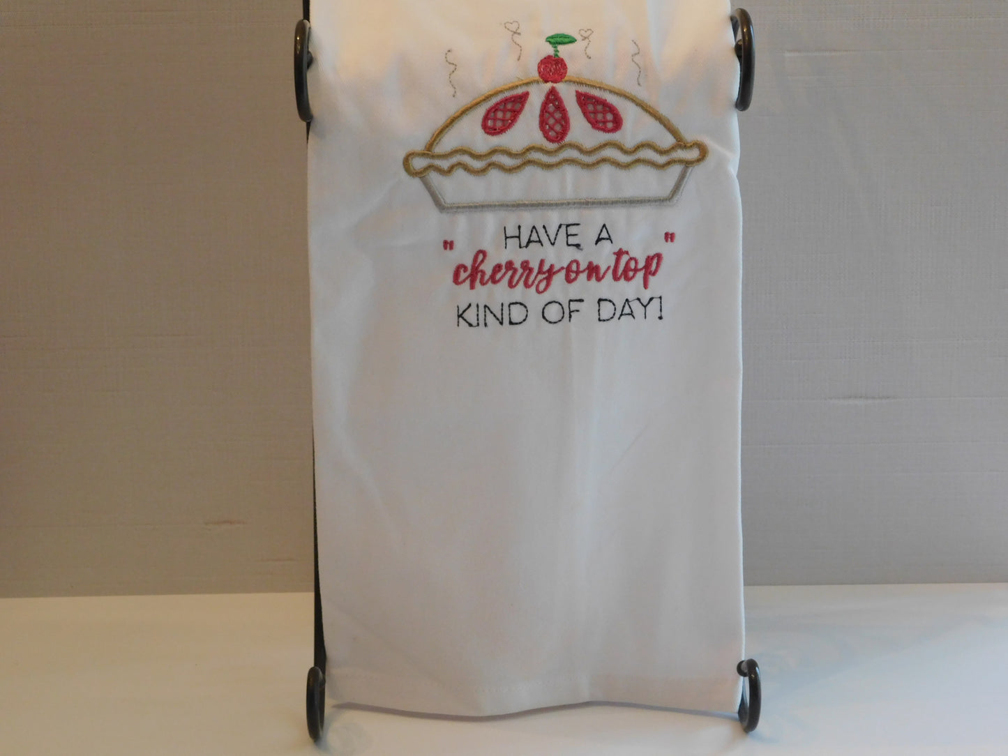 Embroidered Kitchen Towel with Apple Pie and Cherry on top